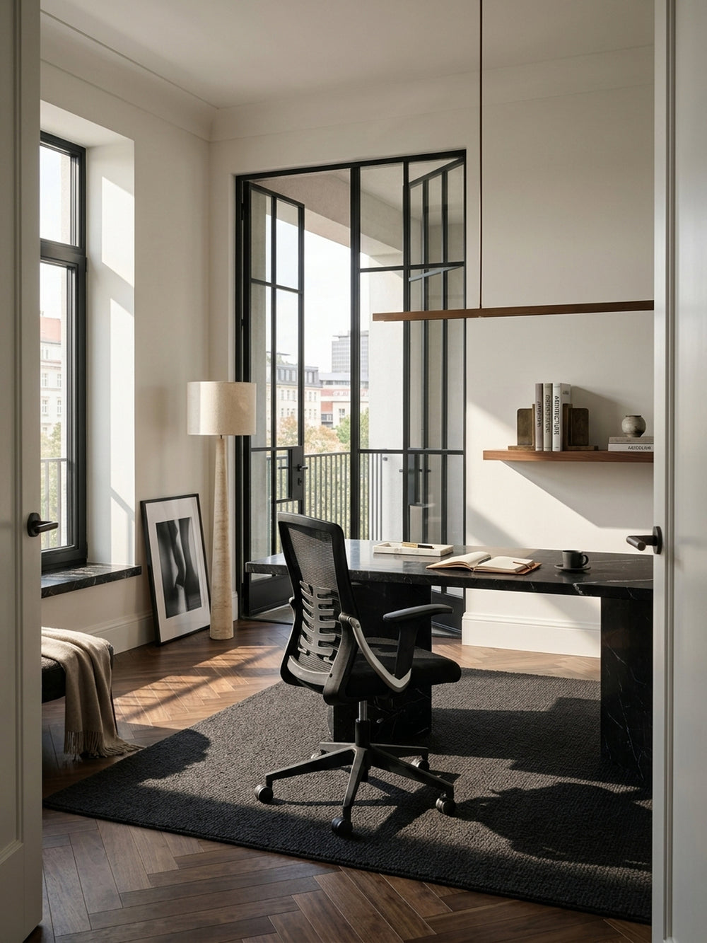 Ergonomischer Bürostuhl in Schwarz aus Mesh an einem massiven Nussbaumschreibtisch im lichtdurchfluteten Home-Office mit raumhohen Fenstern._