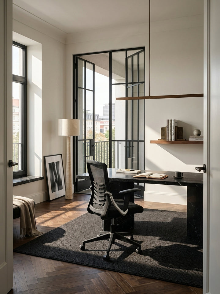 Ergonomischer Bürostuhl in Schwarz aus Mesh an einem massiven Nussbaumschreibtisch im lichtdurchfluteten Home-Office mit raumhohen Fenstern._