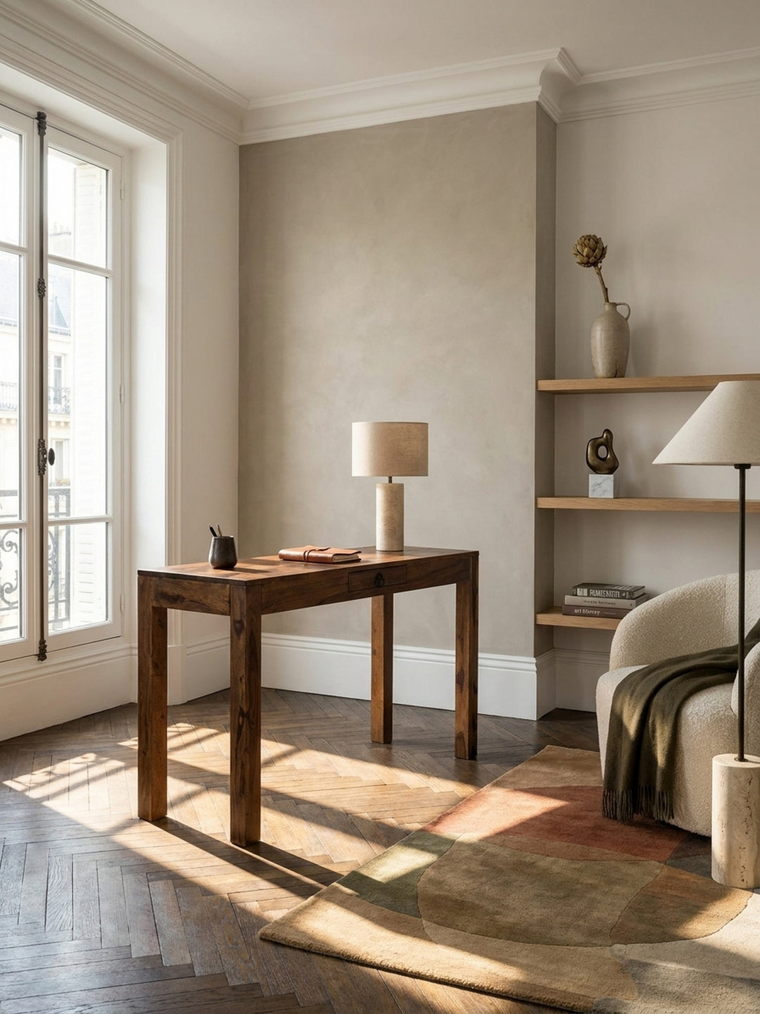 Massiver Sheesham-Holz Schreibtisch als Mittelpunkt eines eleganten Homeoffice mit Fischgrätparkett und stilvoller Dekoration._