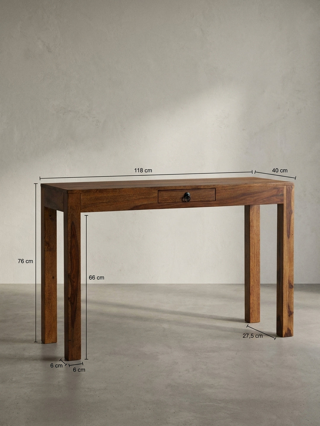 Technischer Aufriss des Massivholz-Schreibtischs mit allen exakten Maßen: 118 cm Breite, 40 cm Tiefe und 76 cm Höhe._