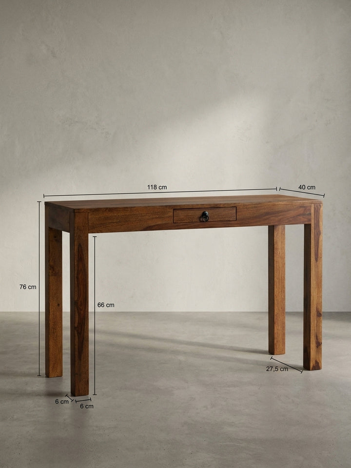 Technischer Aufriss des Massivholz-Schreibtischs mit allen exakten Maßen: 118 cm Breite, 40 cm Tiefe und 76 cm Höhe._