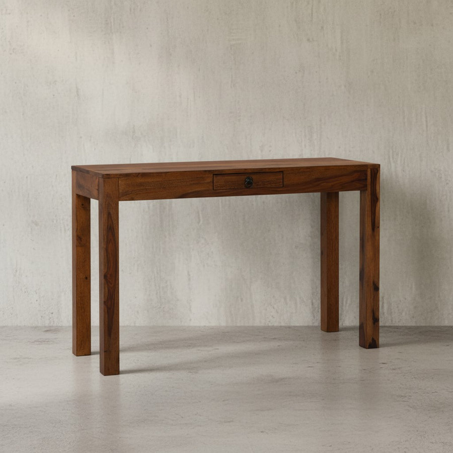 Kompakter Home Office Schreibtisch aus Sheesham-Massivholz mit praktischer Schublade - 118x40 cm Arbeitsfläche von Kadima Design_