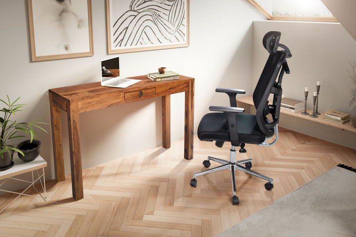 Bürotisch aus Sheesham mit Schublade - ergonomische Arbeitshöhe 76 cm - natürliche Holzmaserung von Kadima Design_