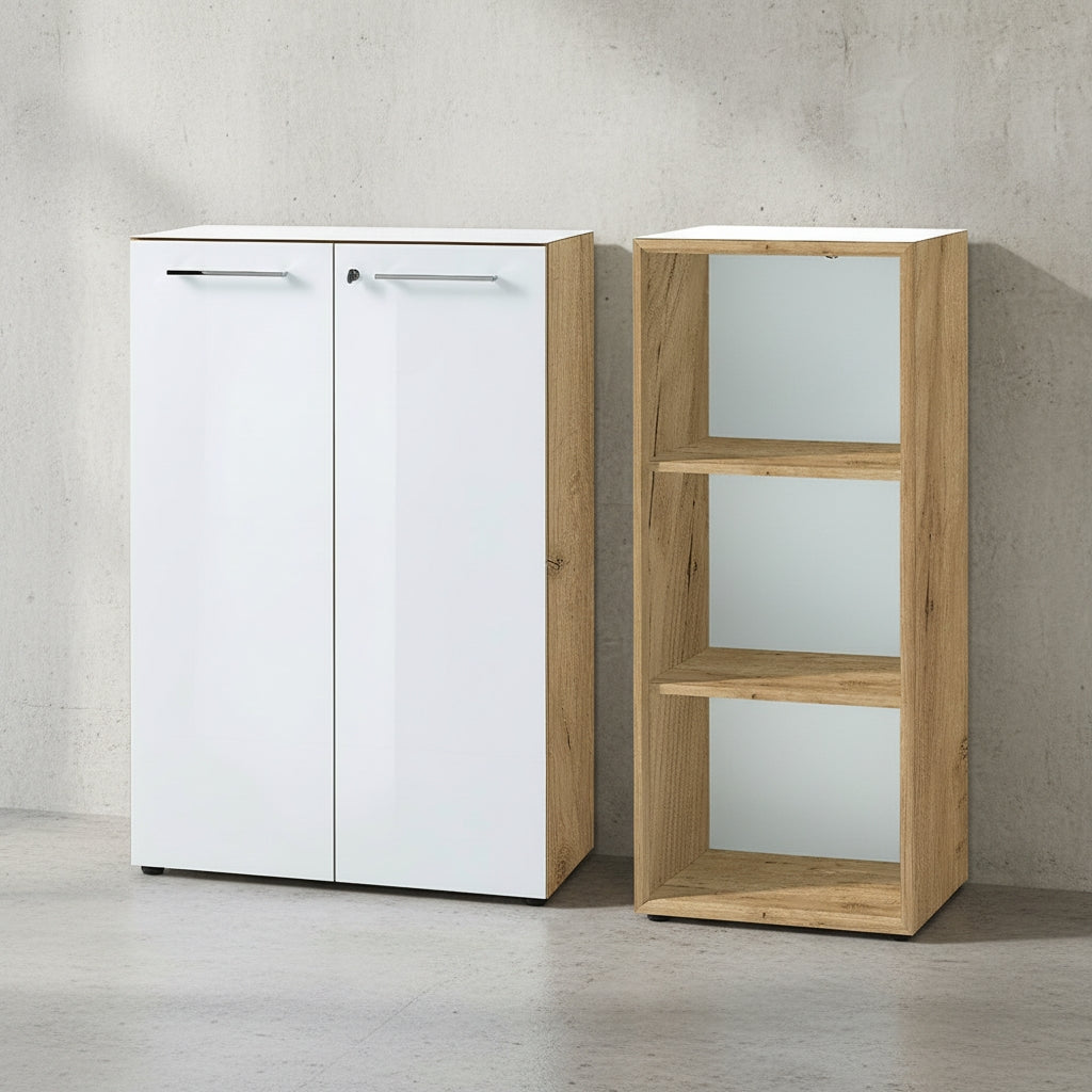 Büro-Set MUENCHEN 2-teilig | Kommode x Regal | Glas Front & Abschließbar | Chalet-Eiche-Nb./Weiß  _