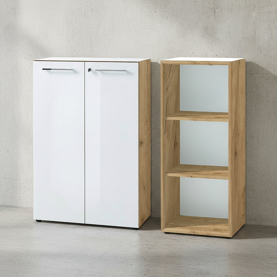 Büro-Set MUENCHEN 2-teilig | Kommode x Regal | Glas Front &amp; Abschließbar | Chalet-Eiche-Nb./Weiß  _