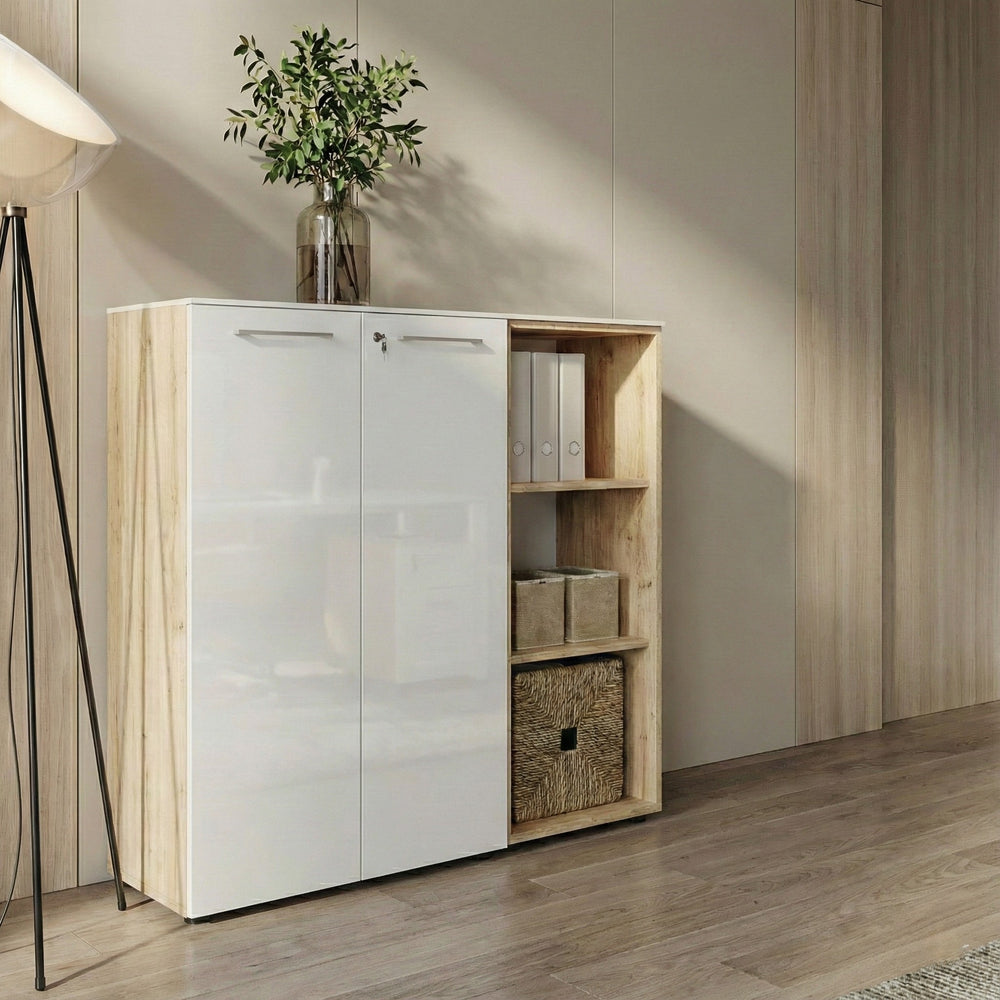 Büro-Set MUENCHEN 2-teilig | Kommode x Regal | Glas Front &amp; Abschließbar | Chalet-Eiche-Nb./Weiß  _