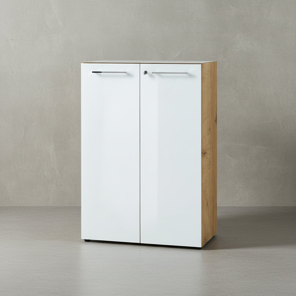 Büro-Set MUENCHEN 2-teilig | Kommode x Regal | Glas Front & Abschließbar | Chalet-Eiche-Nb./Weiß