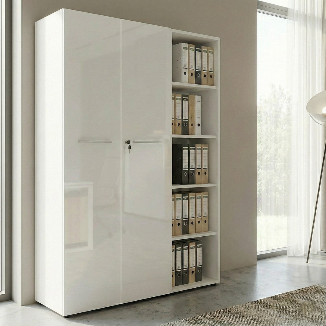 Aktenschrank Set 2-teilig MUENCHEN Weiß | 5 Ordnerhöhen | Schrank &amp; Regal | Glasfront Soft-Close | Bürowand Made in Germany | Kadima Design_