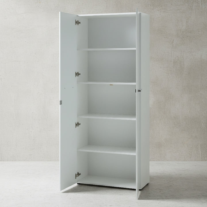 Büro-Set MUENCHEN 2-teilig Weiß | Schrank &amp;amp; Regal 5 OH | Glas Front &amp;amp; Abschließbar_