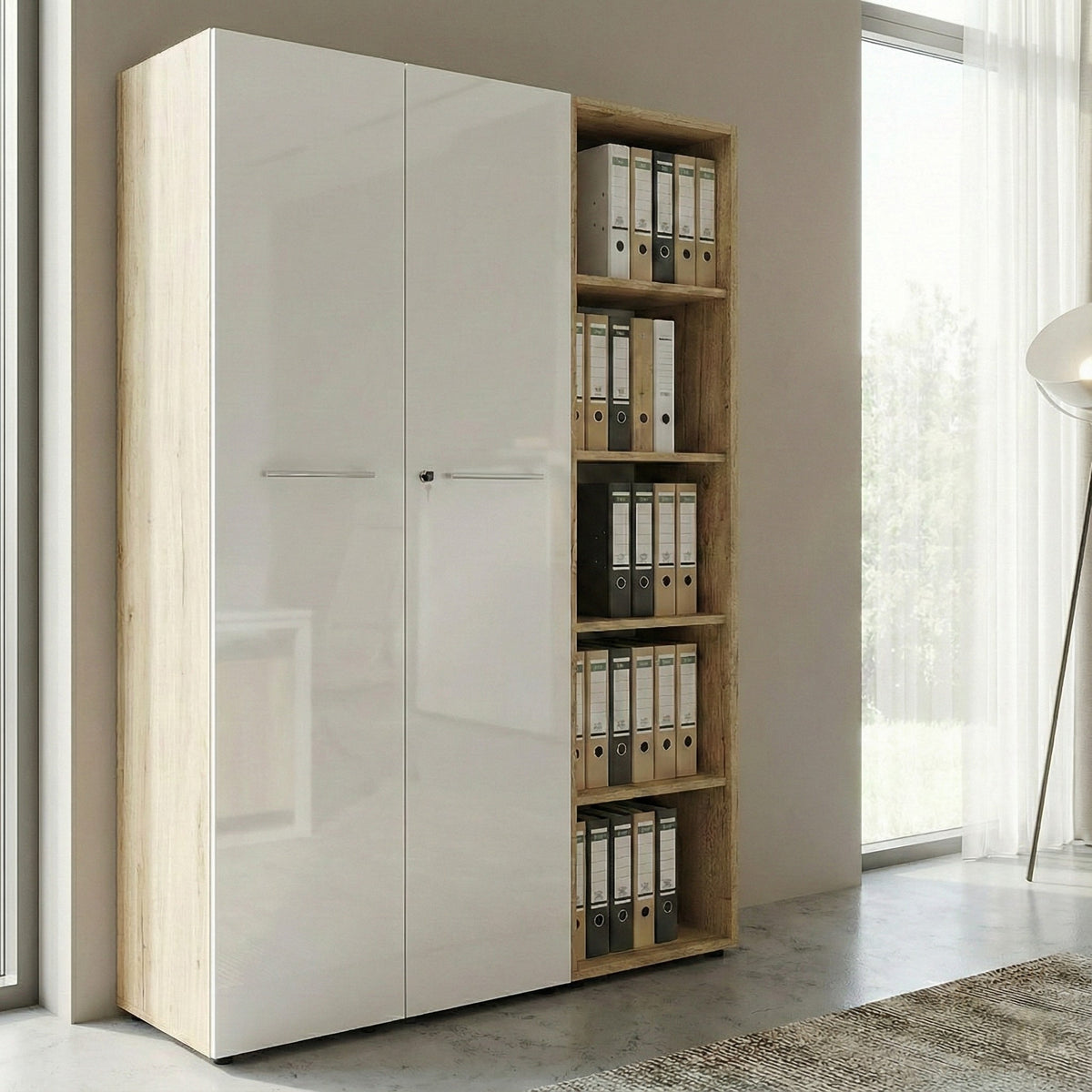 Aktenschrank Set 2-teilig MUENCHEN | 5 Ordnerhöhen | Schrank & Regal | Glasfront Soft-Close | Chalet-Eiche-Nb./Weiß | Made in Germany | Kadima Design_