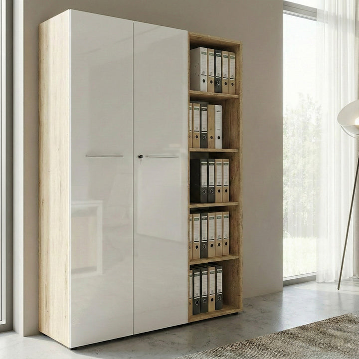 Aktenschrank Set 2-teilig MUENCHEN | 5 Ordnerhöhen | Schrank &amp;amp; Regal | Glasfront Soft-Close | Chalet-Eiche-Nb./Weiß | Made in Germany | Kadima Design_