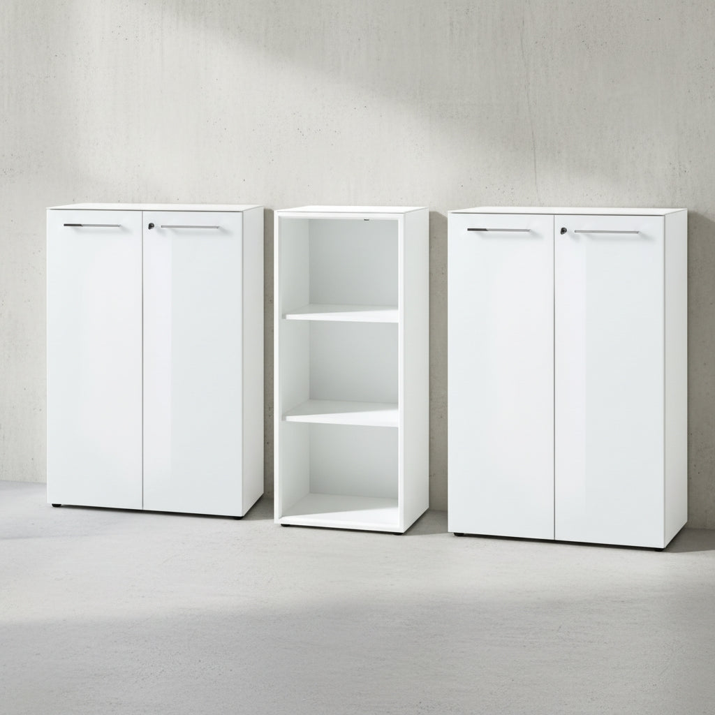 Büro-Set MUENCHEN 3-teilig Weiß | 2 Kommode x Regal | Glas Front & Abschließbar_
