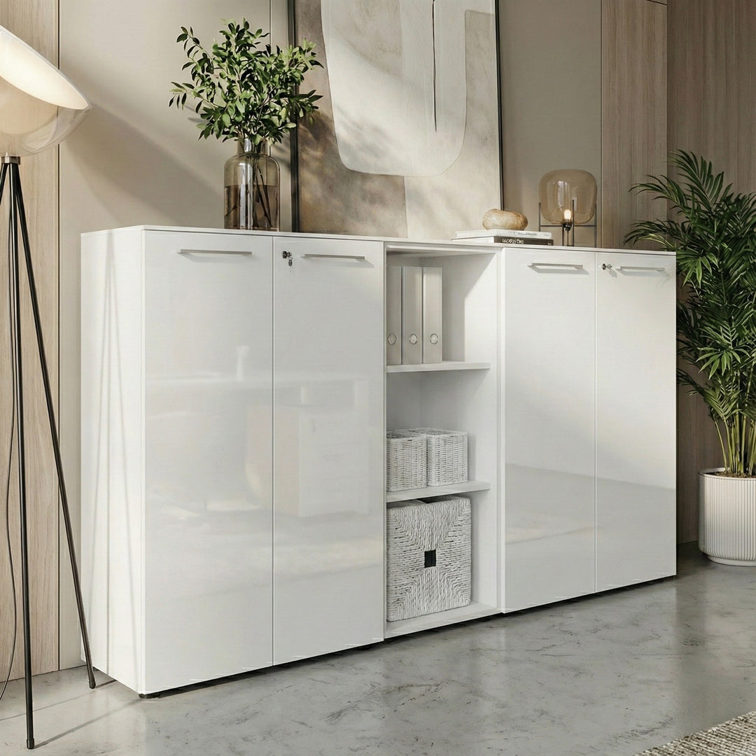 Büro-Set 2 Kommode &amp; Regal - Glas Front Abschließbar Büro_