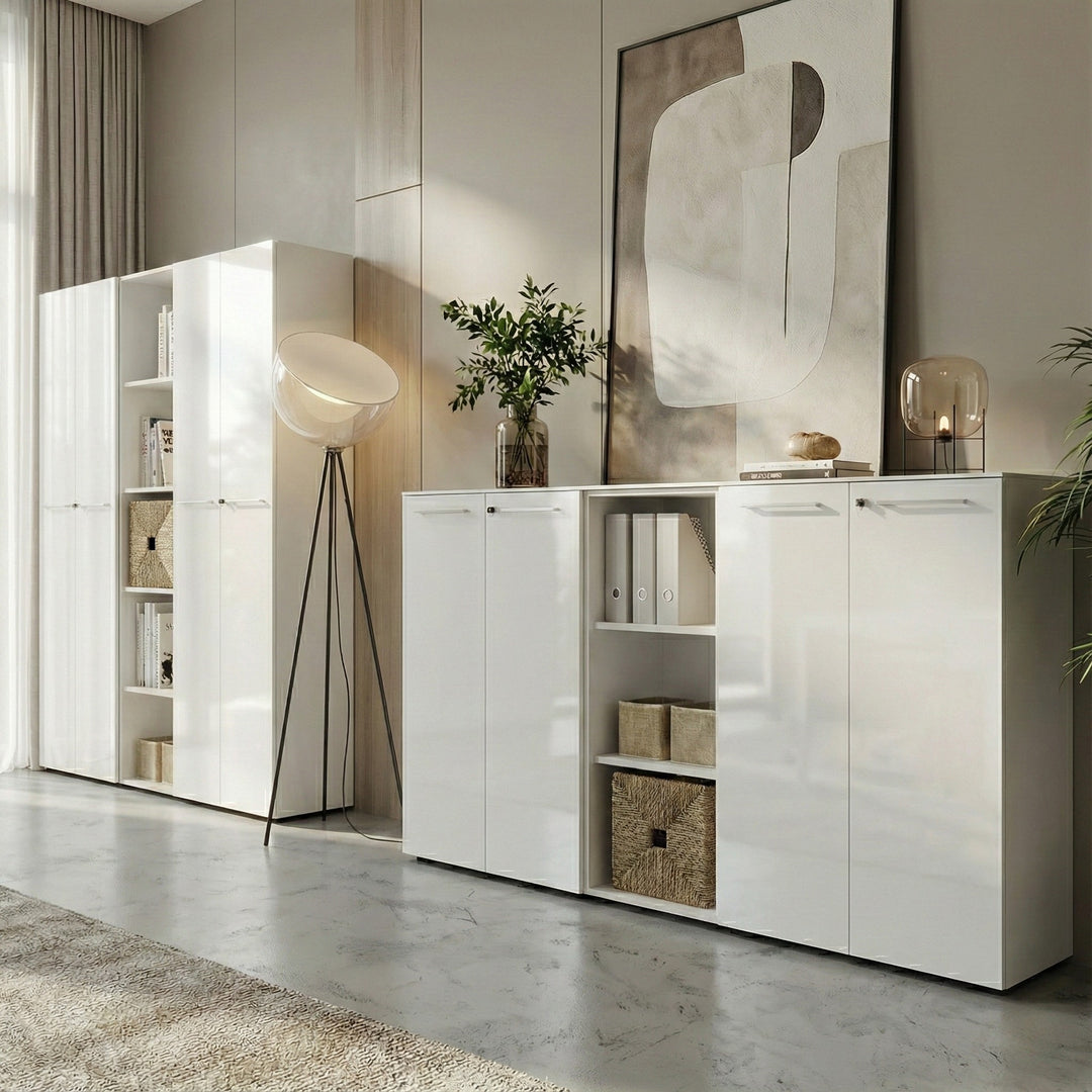 Büro-Set MUENCHEN 3-teilig Weiß | 2 Kommode x Regal | Glas Front &amp; Abschließbar_