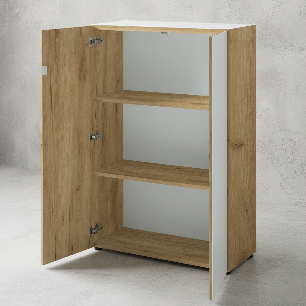 Büro-Set MUENCHEN 3-teilig | 2 Kommode x Regal | Glas Front &amp; Abschließbar | Chalet-Eiche-Nb./Weiß_