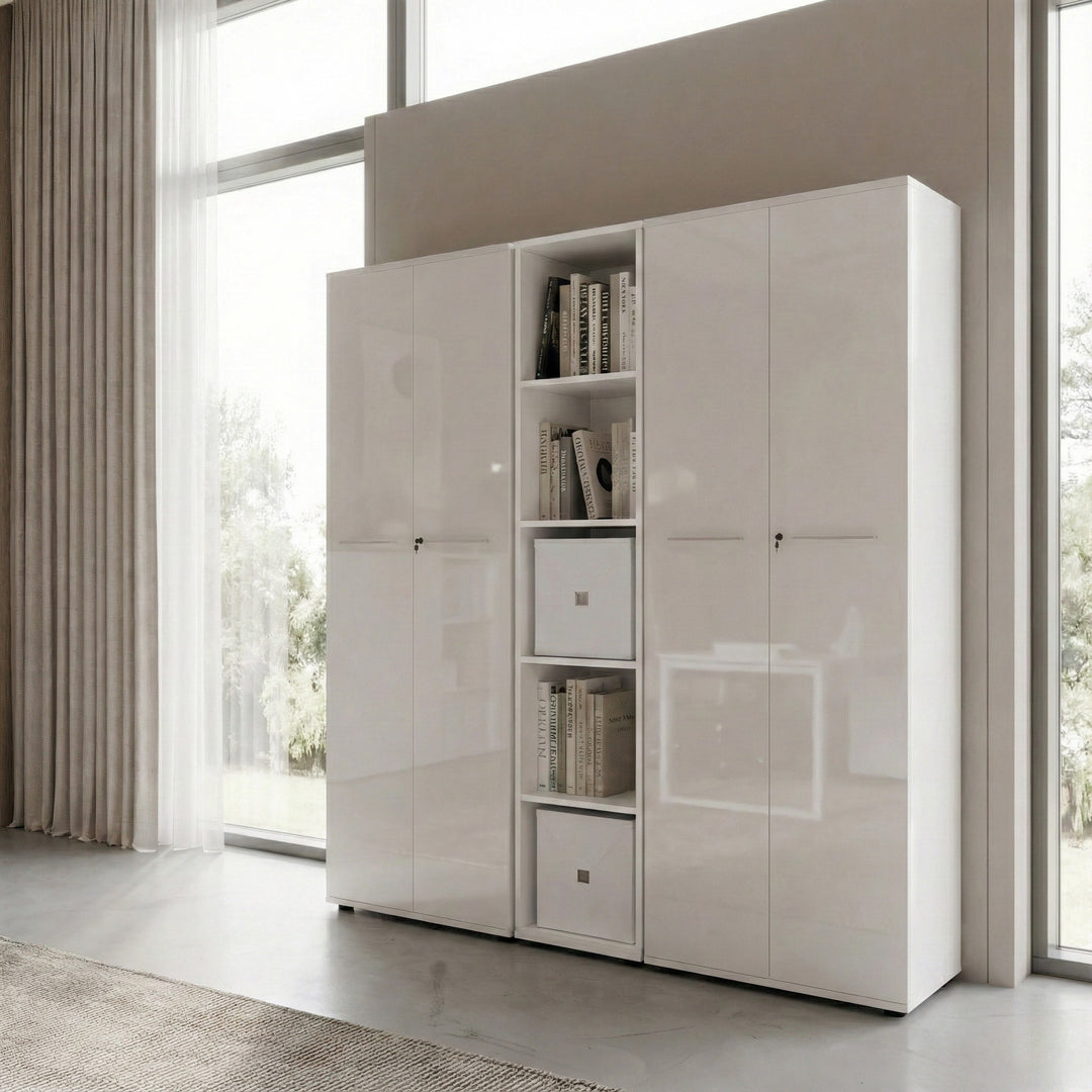 Aktenschrank Set 3-teilig Schrankwand Weiß | 5 Ordnerhöhen | 2 Schrank Abschließbar &amp; Regal | Glasfront Soft-Close | Serie MUENCHEN Kadima Design_