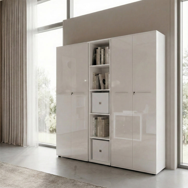 Aktenschrank Set 3-teilig Schrankwand Weiß | 5 Ordnerhöhen | 2 Schrank Abschließbar &amp;amp; Regal | Glasfront Soft-Close | Serie MUENCHEN Kadima Design_