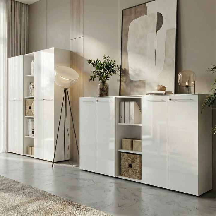 Büro-Set MUENCHEN 3-teilig weiß | 240cm breit Glasfront | 2 Schrank Abschließbar &amp;amp; Regal_