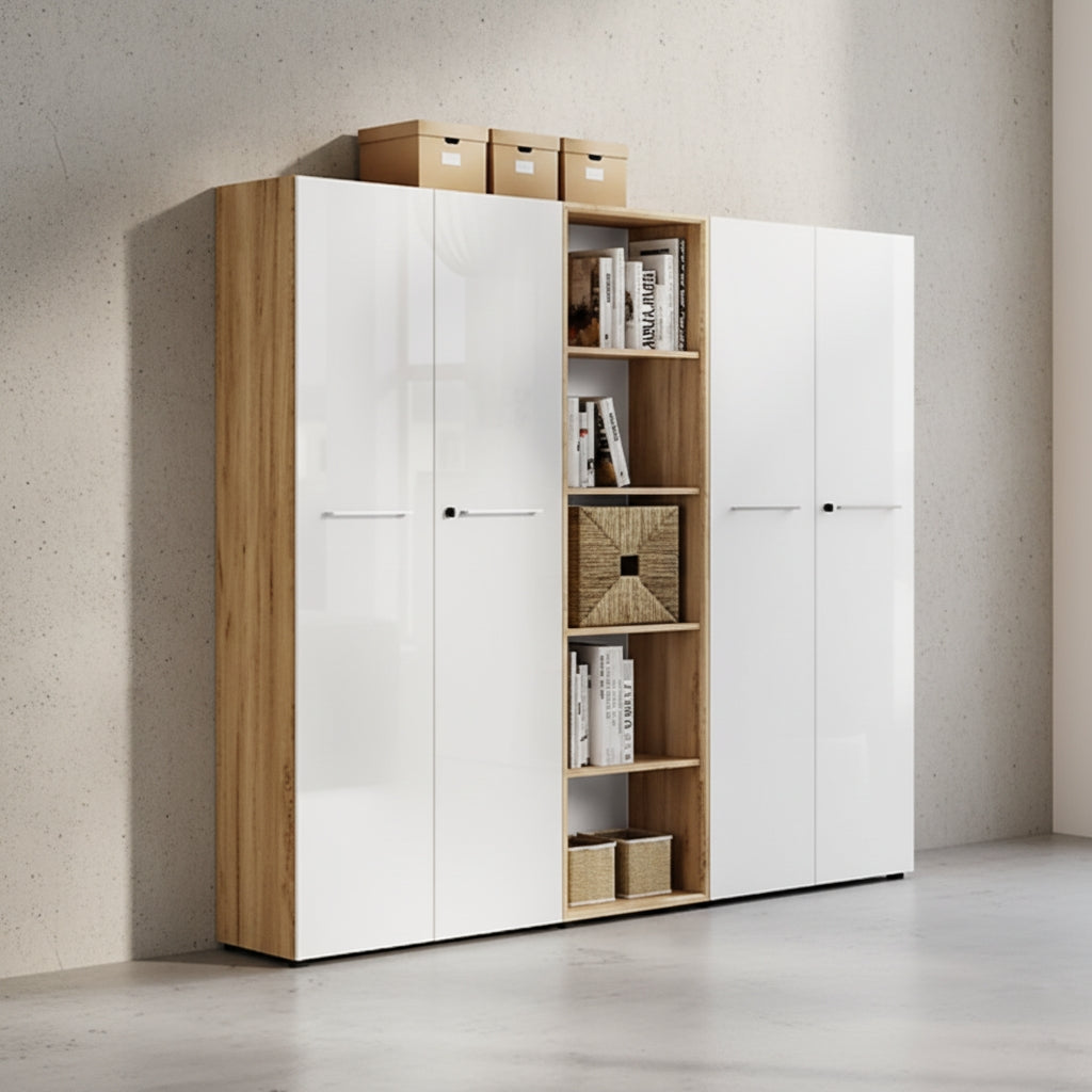 Aktenschrank Set 3-teilig Schrankwand | 5 Ordnerhöhen | 2 Schrank Abschließbar & Regal | Glasfront Soft-Close | Chalet-Eiche-Nb./Weiß Serie MUENCHEN_