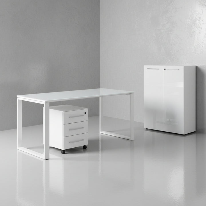 Büro-Set MUENCHEN 3-tlg Weiß | Schreibtisch - Schrank - Container | Glasfront_