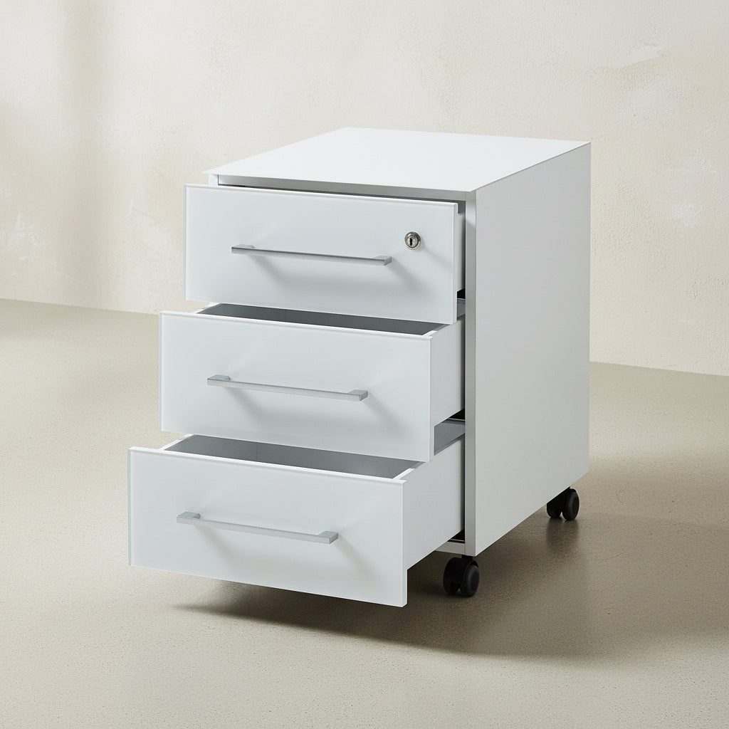 Büro-Set MUENCHEN 3-tlg Weiß | Schreibtisch - Schrank - Container | Glasfront_