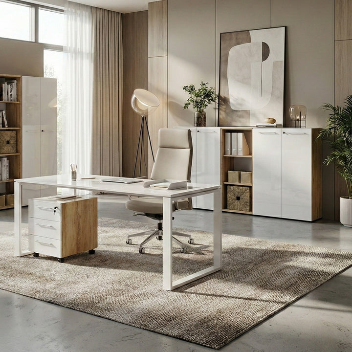 Büro-Set MUENCHEN 3-tlg | Schreibtisch - Schrank - Container | Glasfront | Chalet-Eiche-Nb./Weiß_