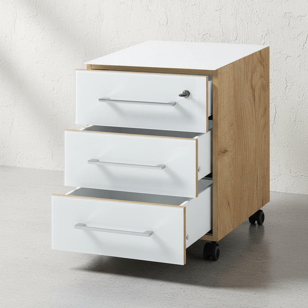 Büro-Set MUENCHEN | Schreibtisch Aktenschrank Container | Glasplatte Soft-Close Abschließbar | Chalet-Eiche-Nb./Weiß | Made in Germany | Kadima Design_