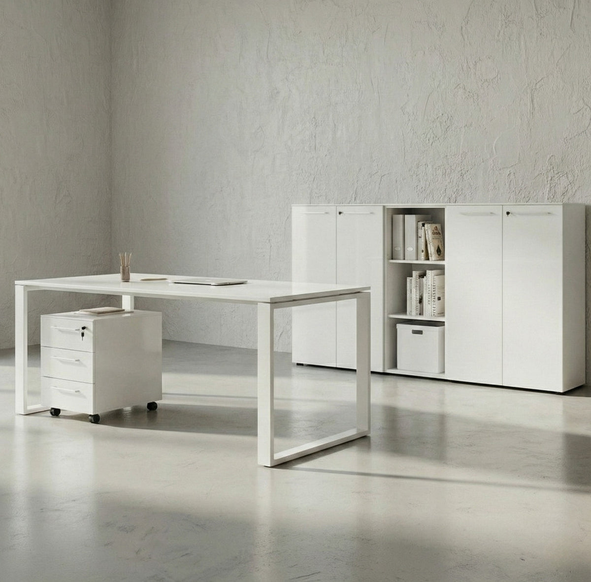 Büro-Set MUENCHEN 5-teilig weiß | Glasfront Abschließbar | Schreibtisch - Container - 2 Schränke - Regal_