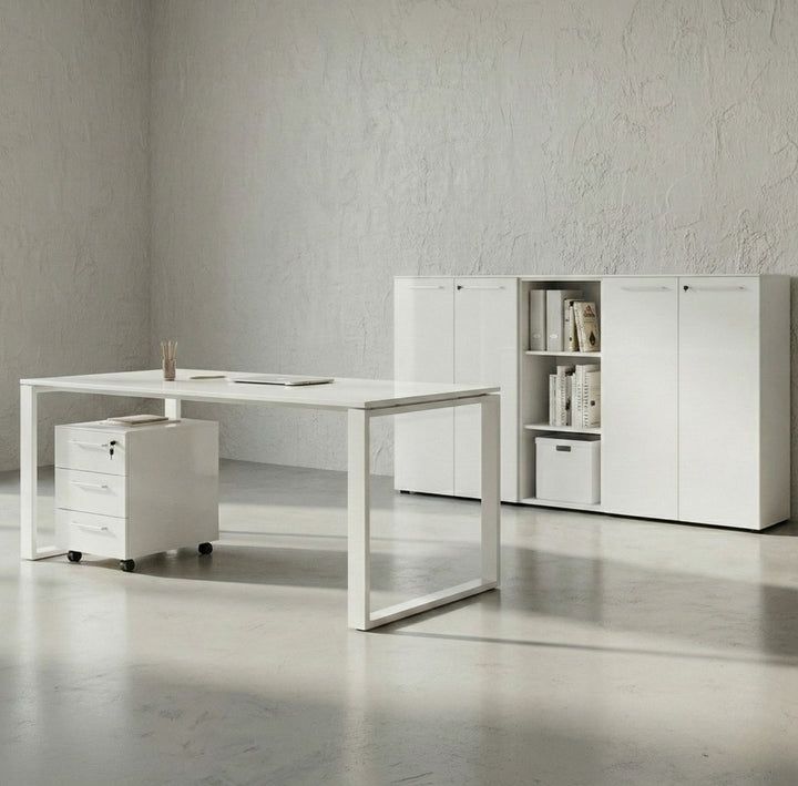 Büro-Set MUENCHEN 5-teilig weiß | Glasfront Abschließbar | Schreibtisch - Container - 2 Schränke - Regal_