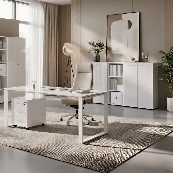 Büromöbel Set 5-teilig Komplettbüro weiß | Schreibtisch - Container - 2 Schränke - Regal | Glasfront - Soft-Close - Abschließbar | Made in Germany_