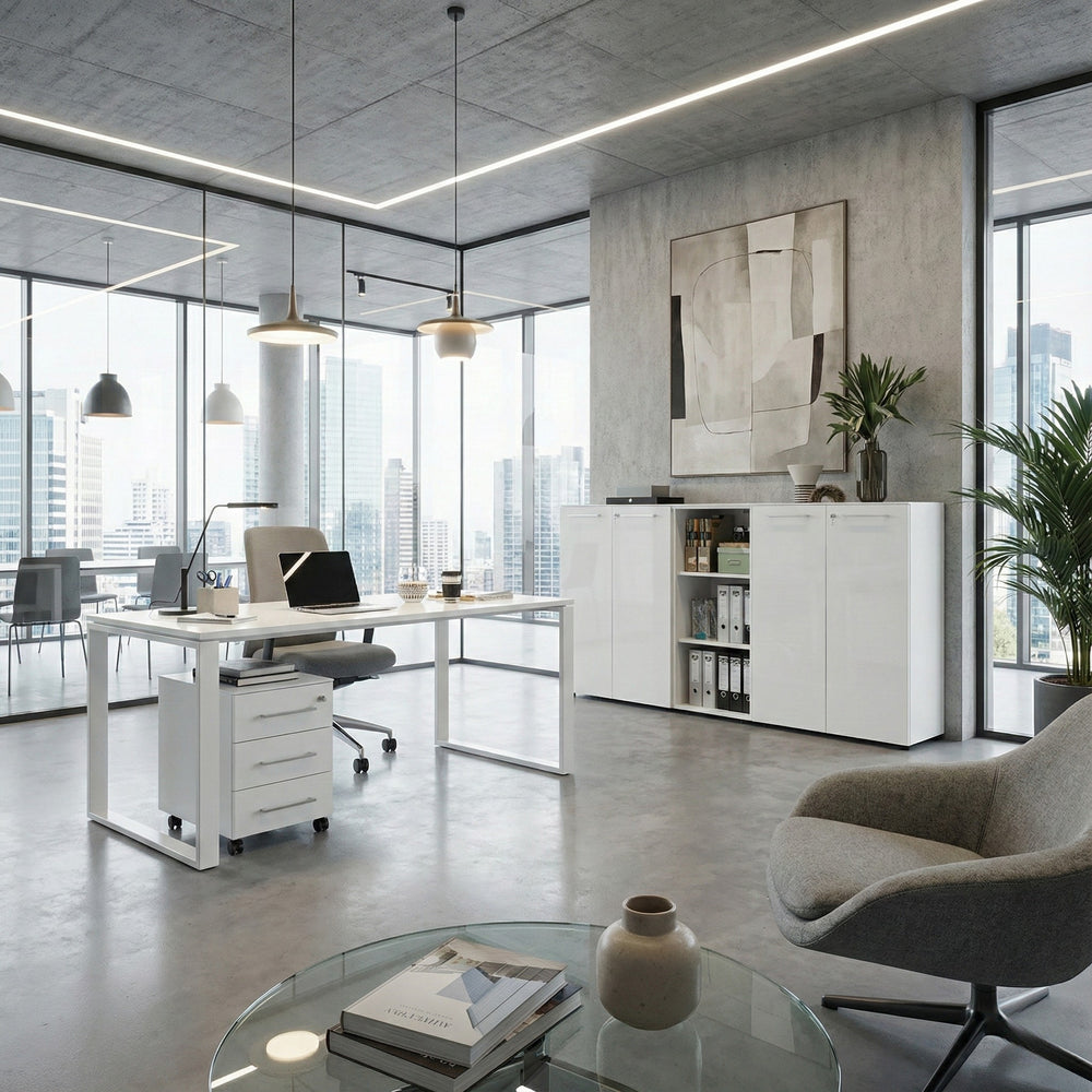 Büromöbel Set 5-teilig Komplettbüro weiß | Schreibtisch - Container - 2 Schränke - Regal | Glasfront - Soft-Close - Abschließbar | Made in Germany_