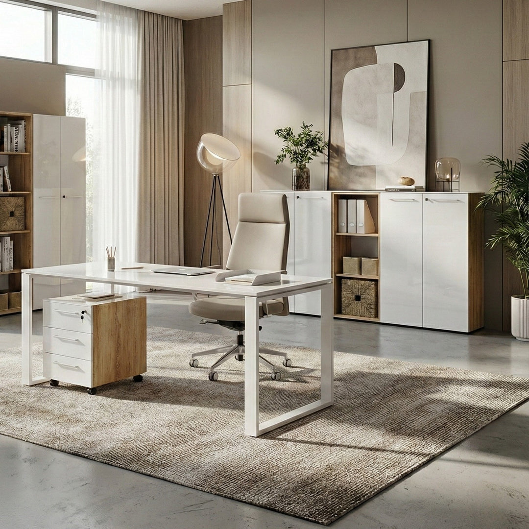 Büromöbel Set 5-teilig Komplettbüro | Schreibtisch - Container - 2 Schränke - Regal | Glasfront - Soft-Close | Made in Germany | Chalet-Eiche-Nb./Weiß_