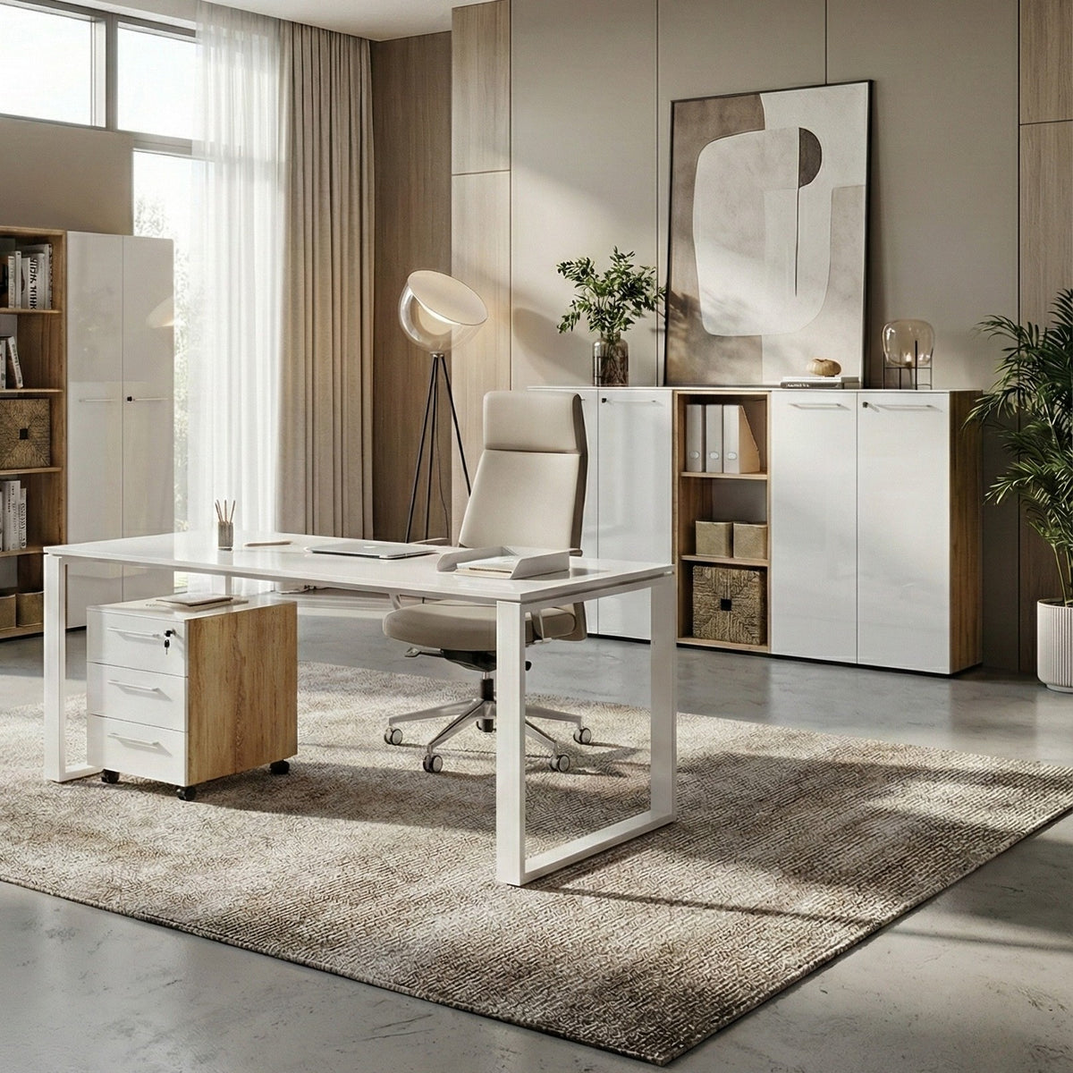 Büromöbel Set 5-teilig Komplettbüro | Schreibtisch - Container - 2 Schränke - Regal | Glasfront - Soft-Close | Made in Germany | Chalet-Eiche-Nb./Weiß_