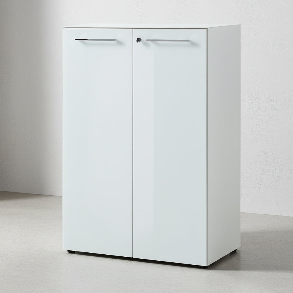 Büromöbel Set 5-teilig Komplettbüro weiß | Schreibtisch - Container - 2 Schränke - Regal | Glasfront - Soft-Close - Abschließbar | Made in Germany_