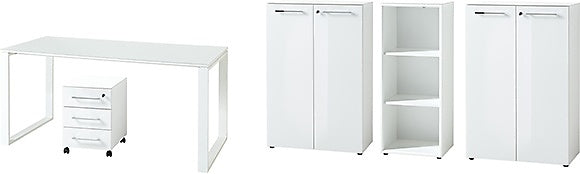 Büro-Set MUENCHEN 5-teilig | Glasfront Abschließbar Soft-Close | Schreibtisch, Container, 2 Schränke, Regal