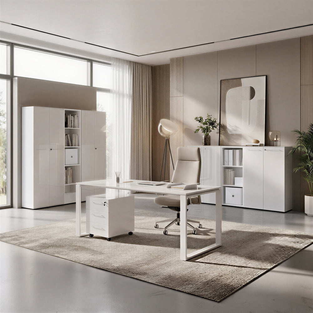 Büro-Set 8-tlg Komplettbüro MUENCHEN Weiß | Schreibtisch - 6 Schränke - Container | Glasfront Soft-Close Abschließbar | Made in Germany | Kadima Design_