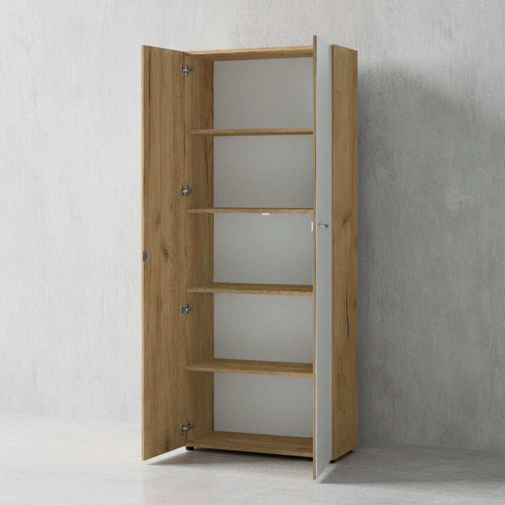 Büro-Set 8-tlg Komplettbüro MUENCHEN | Schreibtisch - 6 Schränke - Container | Glasfront Soft-Close Abschließbar | Chalet-Eiche-Nb./Weiß | Kadima Design_