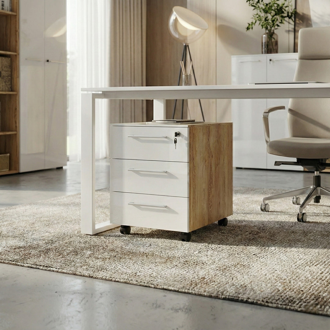 Büro-Set MUENCHEN 8-teilig | Glas &amp; Abschließbar &amp; Soft-Close | Chalet-Eiche-Nb./Weiß_