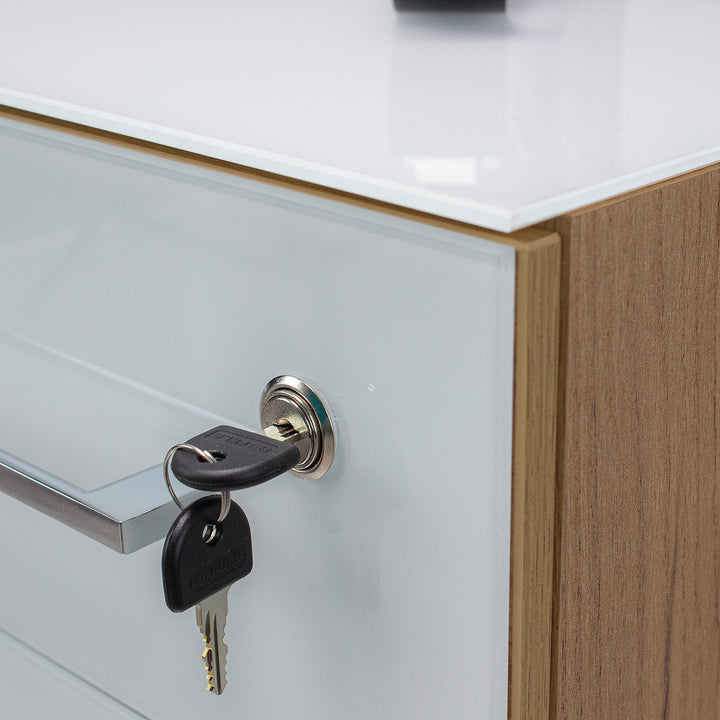 Büro-Set 8-tlg Komplettbüro MUENCHEN | Schreibtisch - 6 Schränke - Container | Glasfront Soft-Close Abschließbar | Chalet-Eiche-Nb./Weiß | Kadima Design_