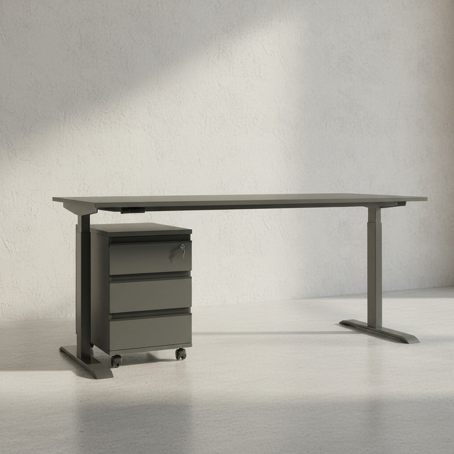 Büro-Set "Stuttgart" 2-teilig | Elektrischer Schreibtisch  140x80cm (Memory - USB) &amp; Rollcontainer (Soft-Close) Graphit_