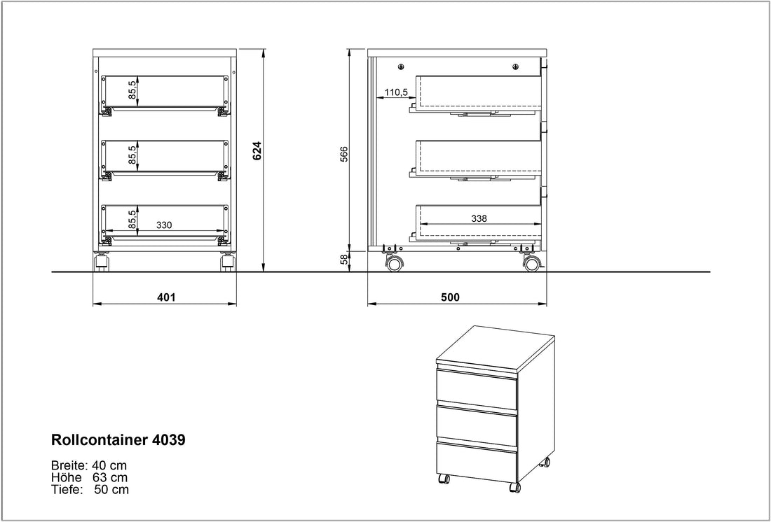 Maßzeichnung STUTTGART – Graphit / 140x80x91 cm + Rollcontainer (2/2)