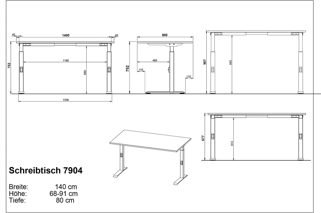 Maßzeichnung STUTTGART – Graphit / 140x80x91 cm + Rollcontainer (1/2)