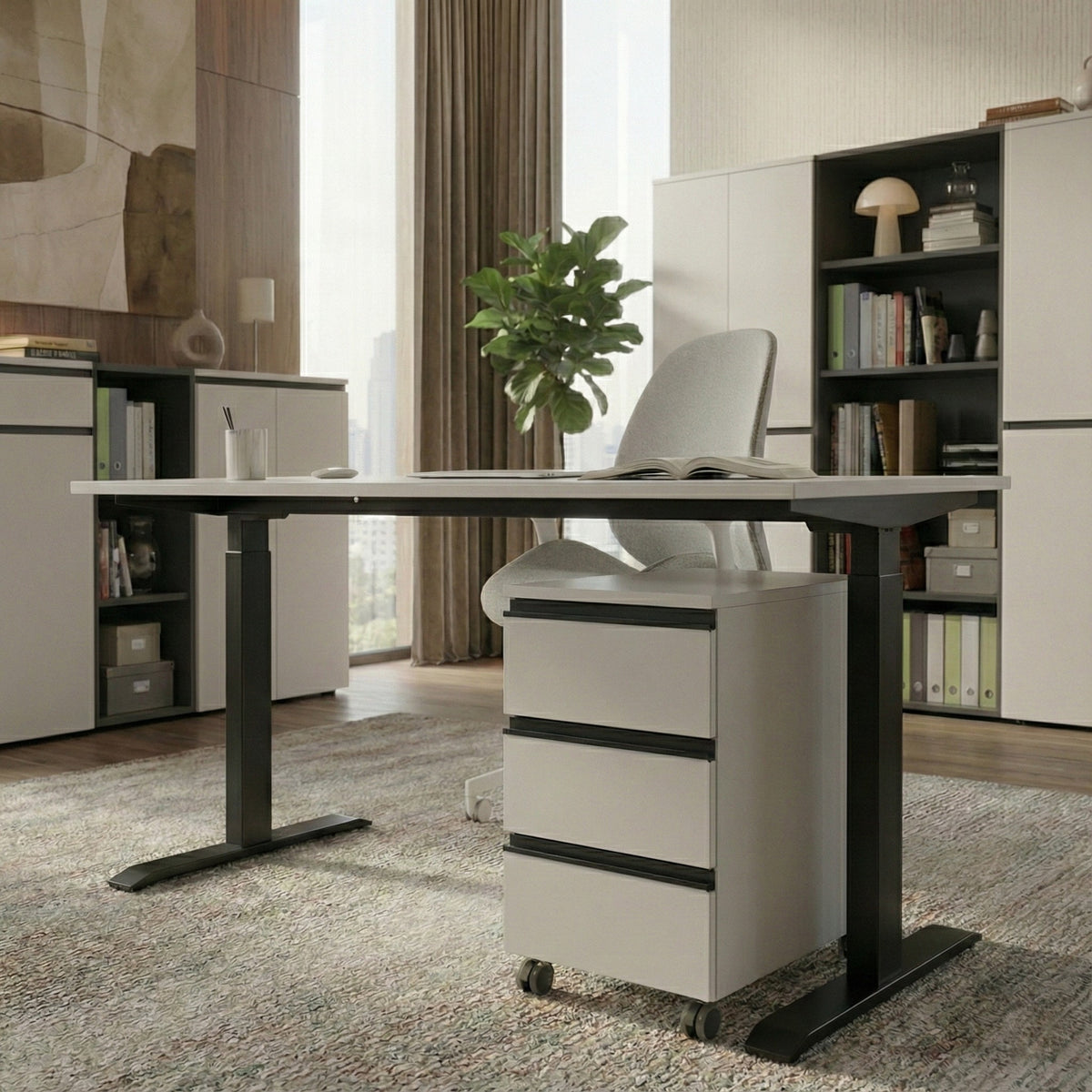 Büromöbel Set 2-teilig | Schreibtisch 140x80cm & Rollcontainer Greige/Schwarz | Einstellbar 68-91 cm & Soft-Close_