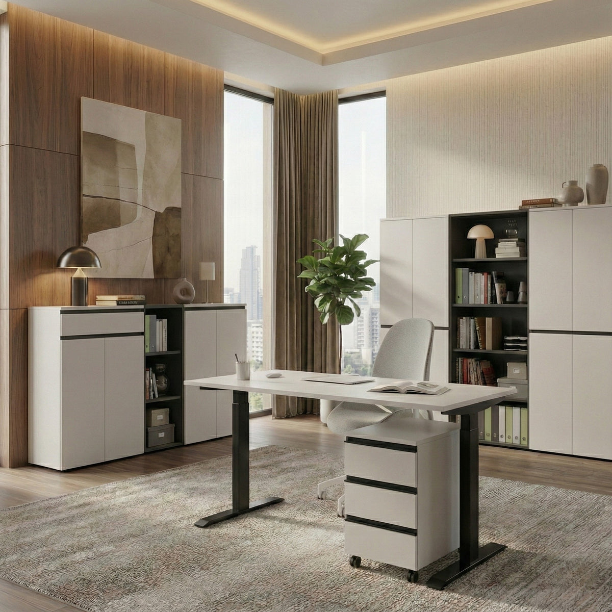 Büro Set 2-teilig | Schreibtisch 140x80cm & Rollcontainer Greige/Schwarz | Einstellbar 68-91cm & Soft-Close | Made in Germany Kadima Design_