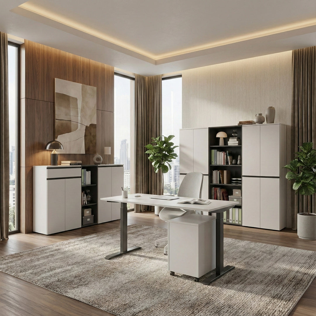 Büromöbel Set 2-teilig | Schreibtisch 140x80cm &amp; Rollcontainer Greige/Schwarz | Einstellbar 68-91 cm &amp; Soft-Close_