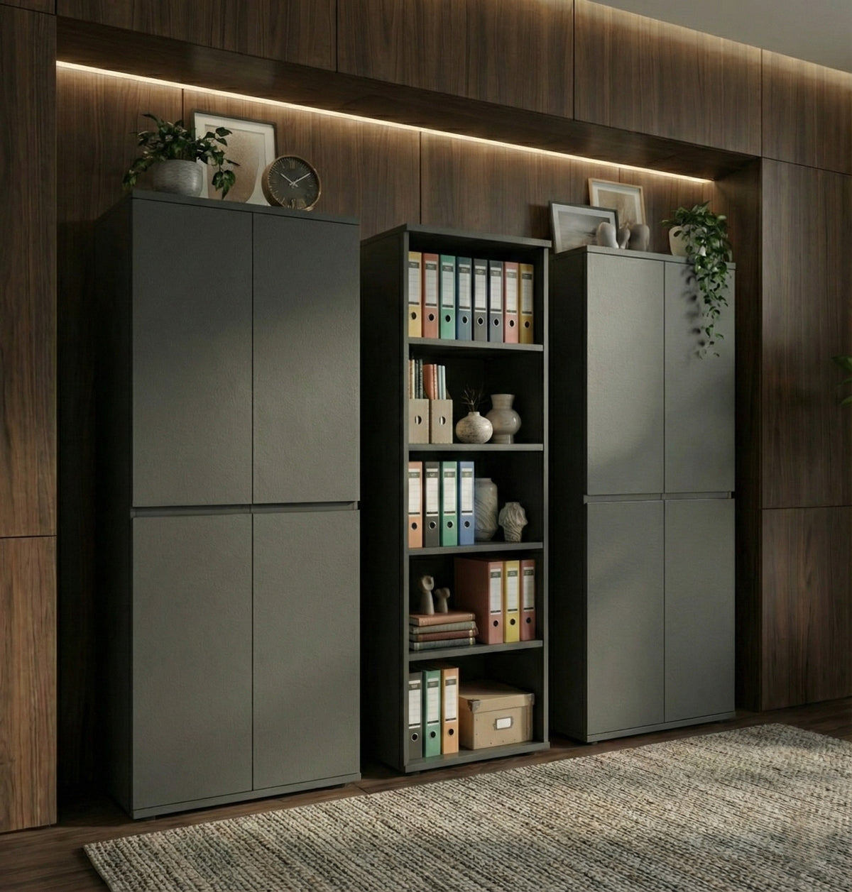 Büroschrankwand 3-teilig | 240x197x40 cm Graphit | 2 Schränke & 1 Regal Soft-Close | Aktenwand Made in Germany | Büro Set Kadima Design_