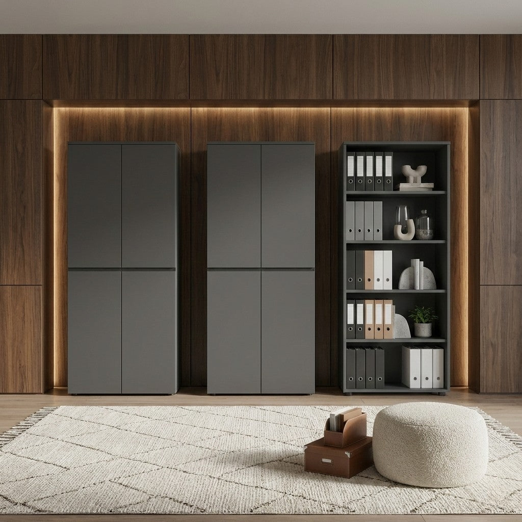Büroschrankwand 3-teilig | 240x197x40 cm Graphit | 2 Schränke & 1 Regal Soft-Close | Aktenwand Made in Germany | Büro Set Kadima Design_