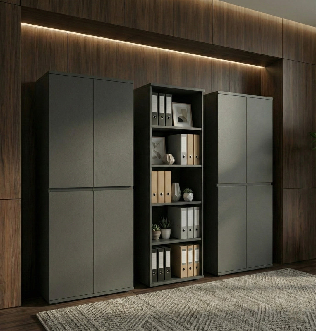 Büro-Set "Stuttgart" groß mit 3 Aktenschränke Soft-Close 272x197 cm Graphit_