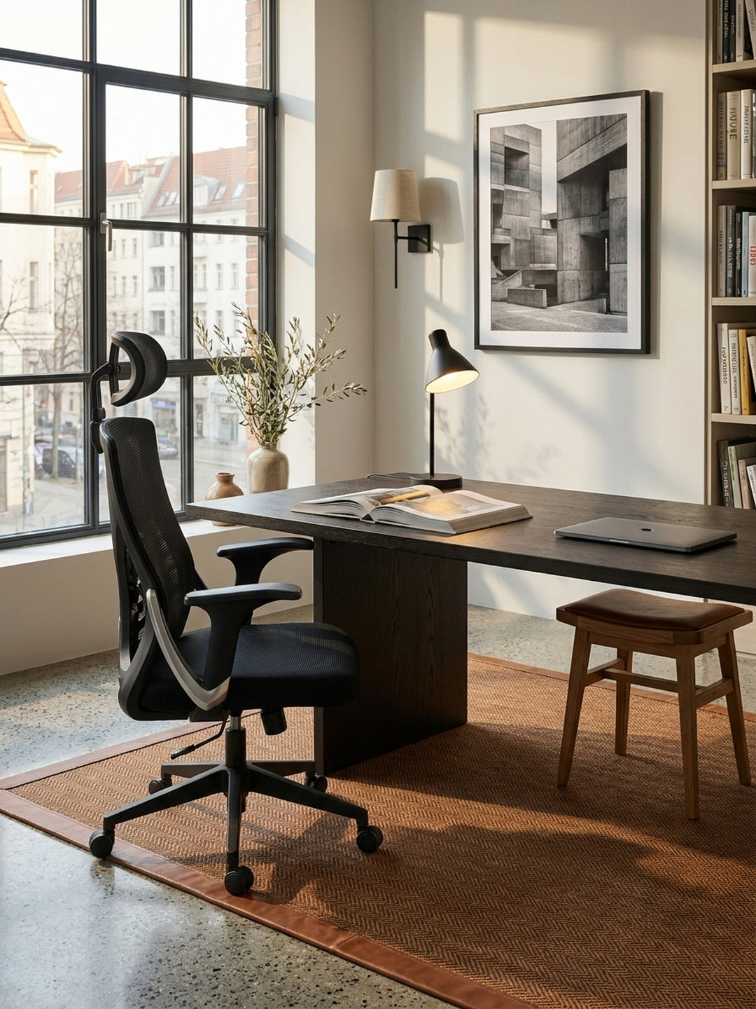 Schwarzer ergonomischer Bürostuhl mit Kopfstütze stilvoll kombiniert mit einem puristischen Echtholztisch und einer filigranen Messing-Schreibtischlampe._