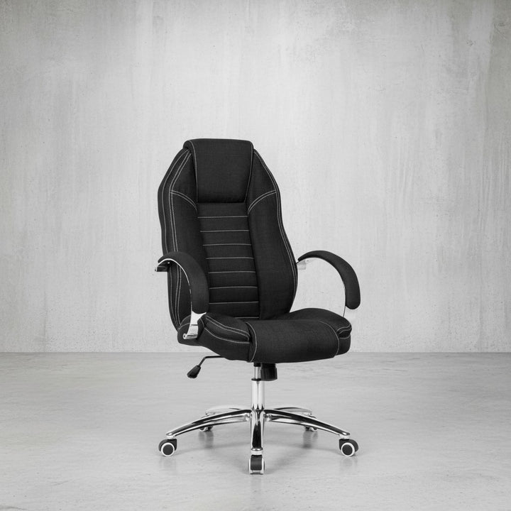 Bürodrehstuhl Jeansoptik_ Modernes Design_ weiche Polsterung_ Wippmechanik_ Nacken- und Kopfunterstützung_ großes Fußkreuz_ 120 kg Belastbarkeit - KADIMA DESIGN_Größe_ 69x65x122 cm_